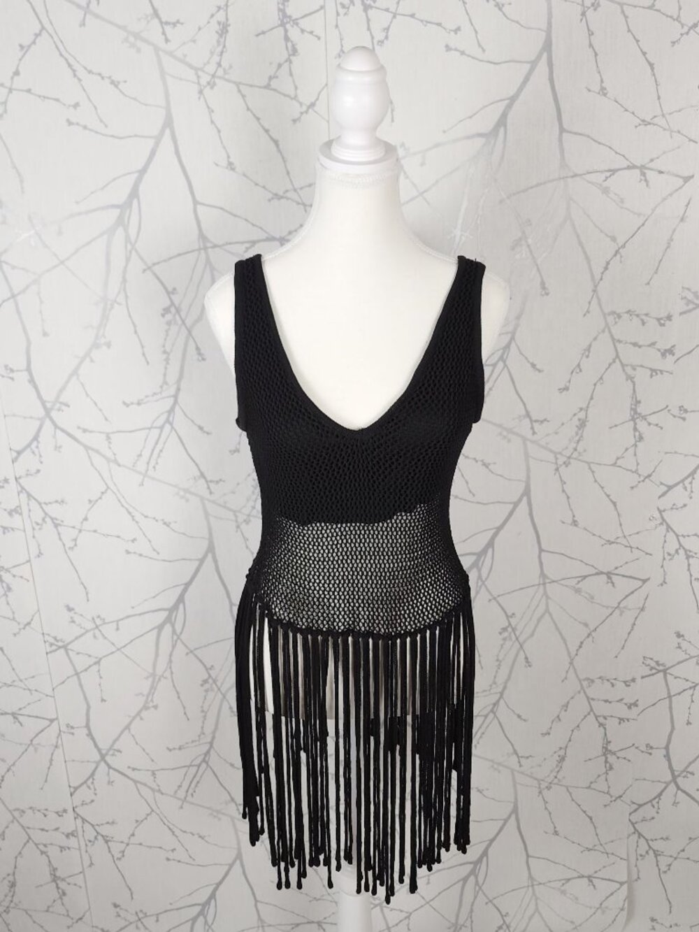 Dress Forum Black Crochet Overlay Fringe Tank
